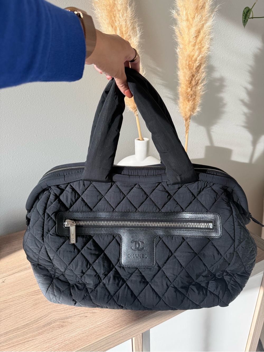 CHANEL Black Quilted Nylon Top-Handle Tote with Front Zip